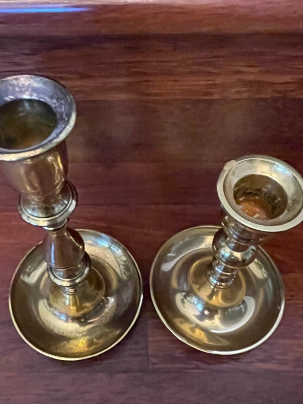 Vintage Solid Brass Candlesticks Candle Holders w/Drip Pans Pair Approx. 7" & 5" - Picture 3 of 7